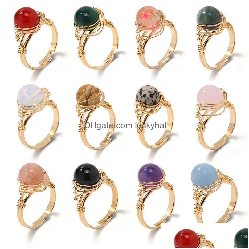fashion natural crystal stone rings golden color wire wrap adjustable open rings for women men couple wedding ring jewelry gift