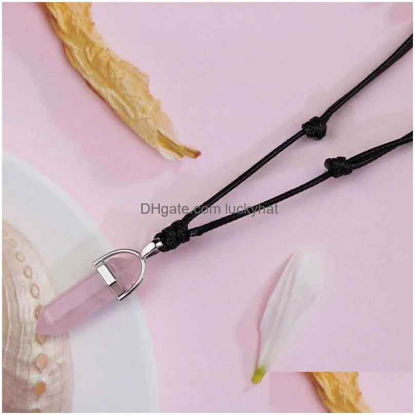 adjustable natural stone hexagon prism necklace pink crystal quartz pendant woven necklaces women jewelry gift