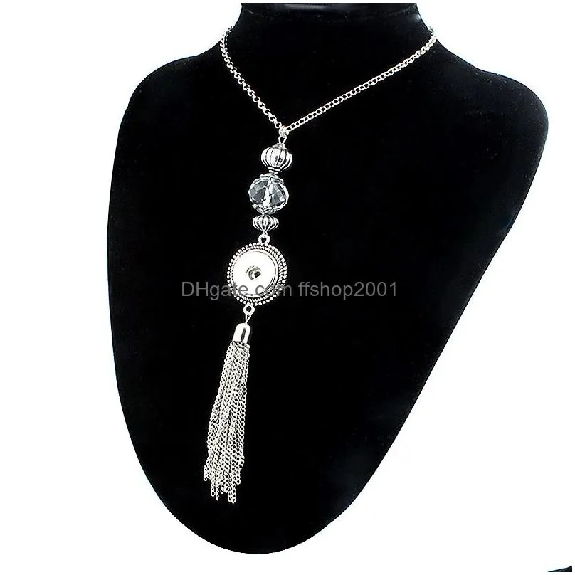 vintage crystal metal tassel necklace diy button jewelry 18mm snap button pendants necklace snap jewelry for women