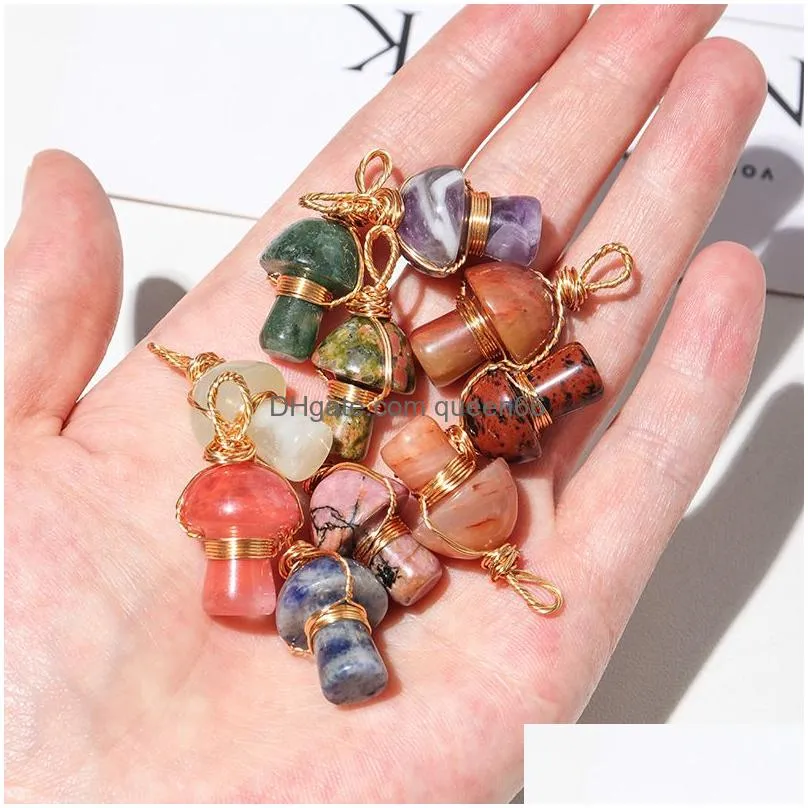 natural crystal stone 2cm mushroom statue carving charms reiki healing gold wire wrap pendant for necklace jewelry making