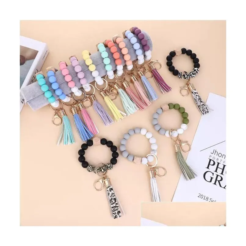 ups wooden tassel bead string party bracelets keychain silicone beads girl key ring wrist strap for car chain wristlet beaded portable