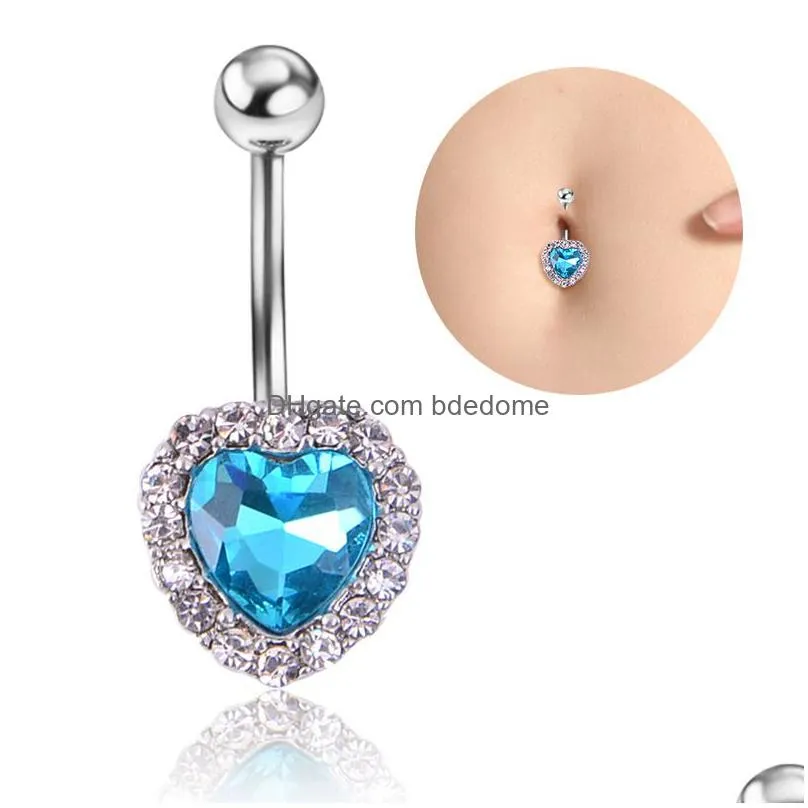 navel bell button rings piercing for women crystal love heart zircon surgical steel summer beach fashion body jewelry blue color