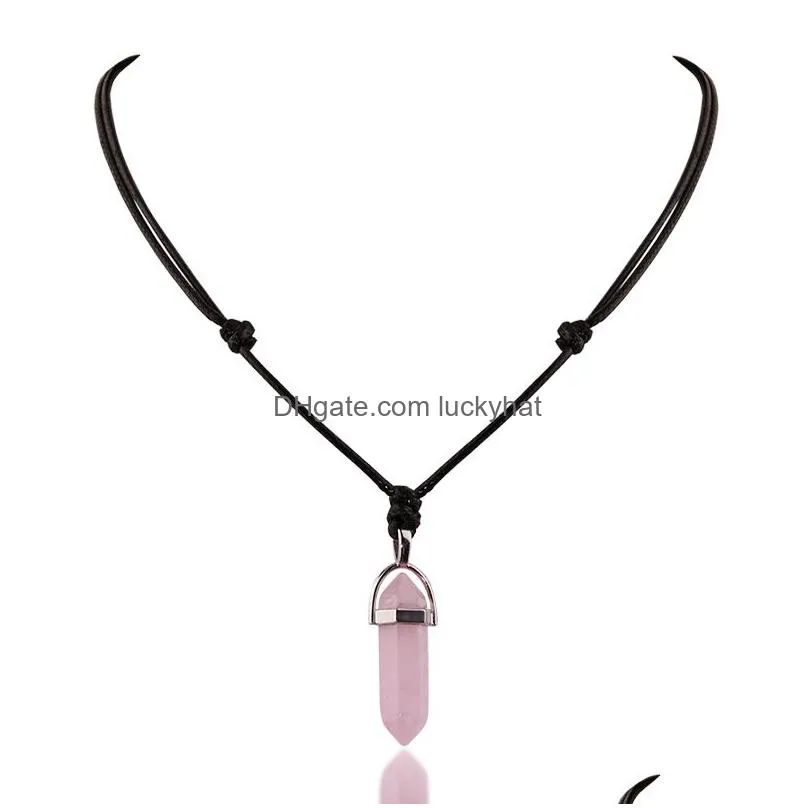 adjustable natural stone hexagon prism necklace pink crystal quartz pendant woven necklaces women jewelry gift