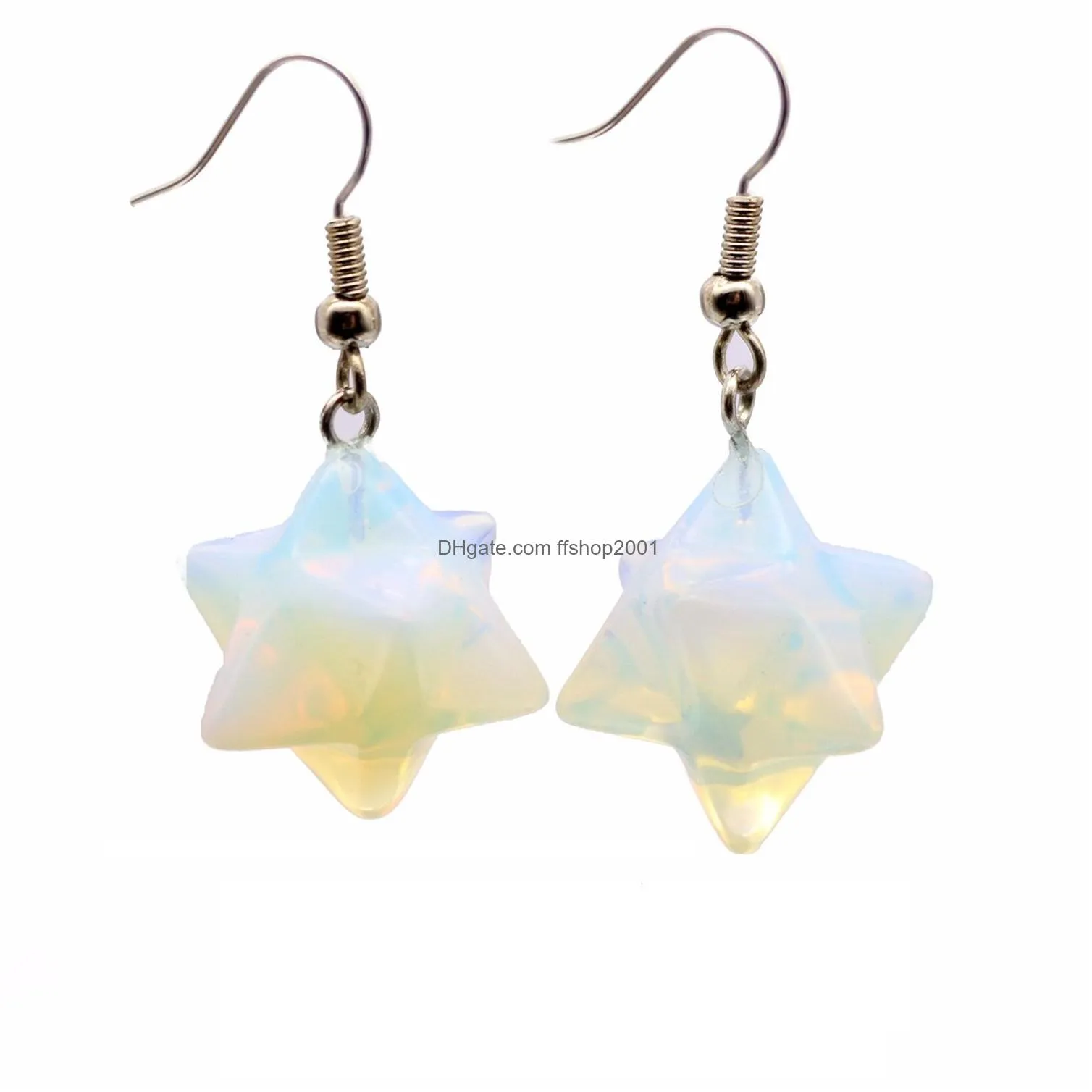 bohemian natural gem stone merkabah star drop earrings for girl opal pink crystal lazuli polyhedral reiki dangle earrings