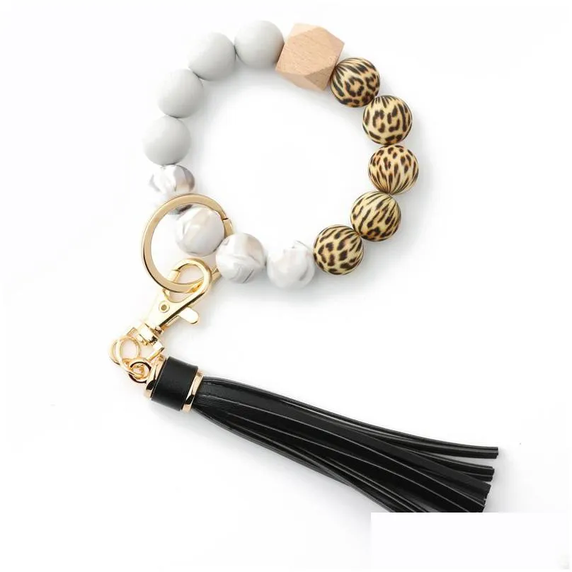 silicone keychain for keys tassel wood beads bracelet keyring women accessories multicolor handbag pendant jewelry wholesale