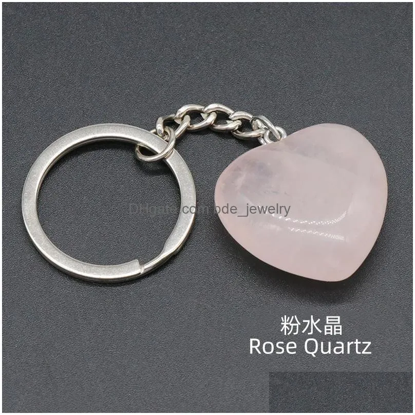 natural stone 30mm heart key rings keychains healing crystal rose quartz obsidian red agatecar decor key chain keyholder