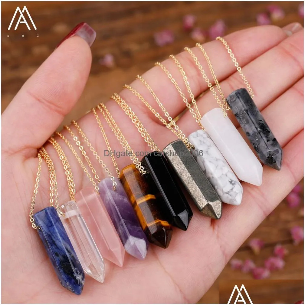 natural stone hexagonal prism pendant necklace rose quartz opal amthyst healing crystal chakra charms necklaces for women jewelry