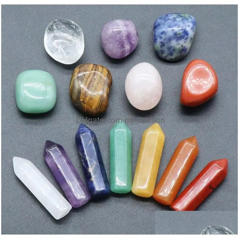 7 chakra set reiki natural stone crystal ornaments hexagonal columns irregular rock quartz yoga energy bead chakra healing art craft home