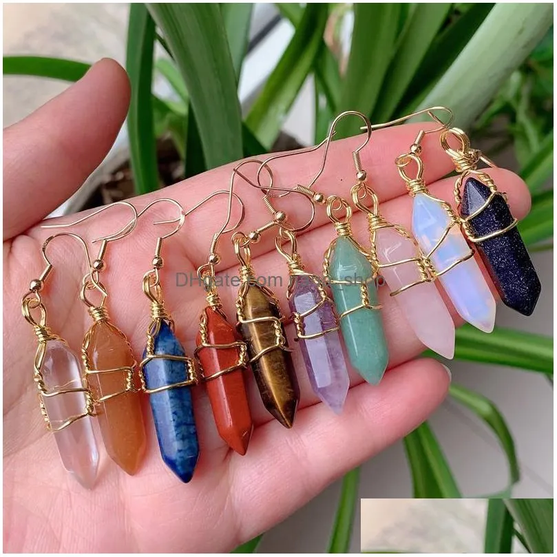 natural stone dangles earrings wire wrap hexagonal point bullet drop pendulum amethysts quartz purple healing crystal earring