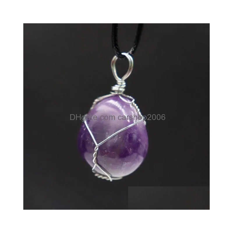 natural stone silver color wire winding necklace irregular amethyst rose quartz crystal agate pendant necklaces