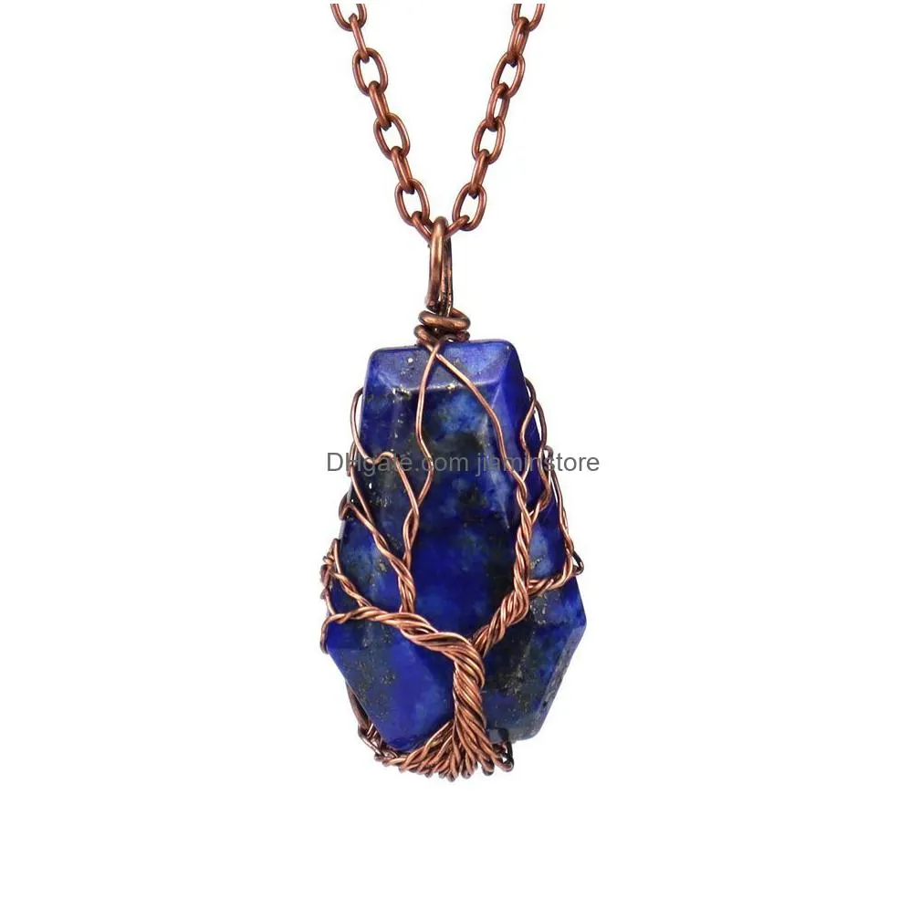 wire wrapped coffin fortune tree of life pendant necklace natural stone pink quartz healing crystal tiger eye amethyst necklaces women