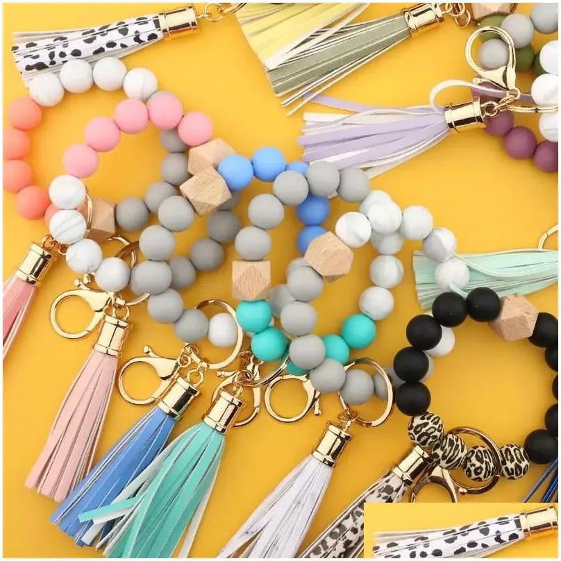 ups wooden tassel bead string party bracelets keychain silicone beads girl key ring wrist strap for car chain wristlet beaded portable