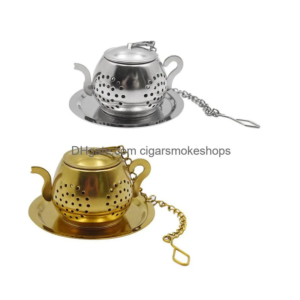 tea strainer tools teapot shape loose tea infuser stainless steel herbal spice filter with chain drip tray xbjk2203