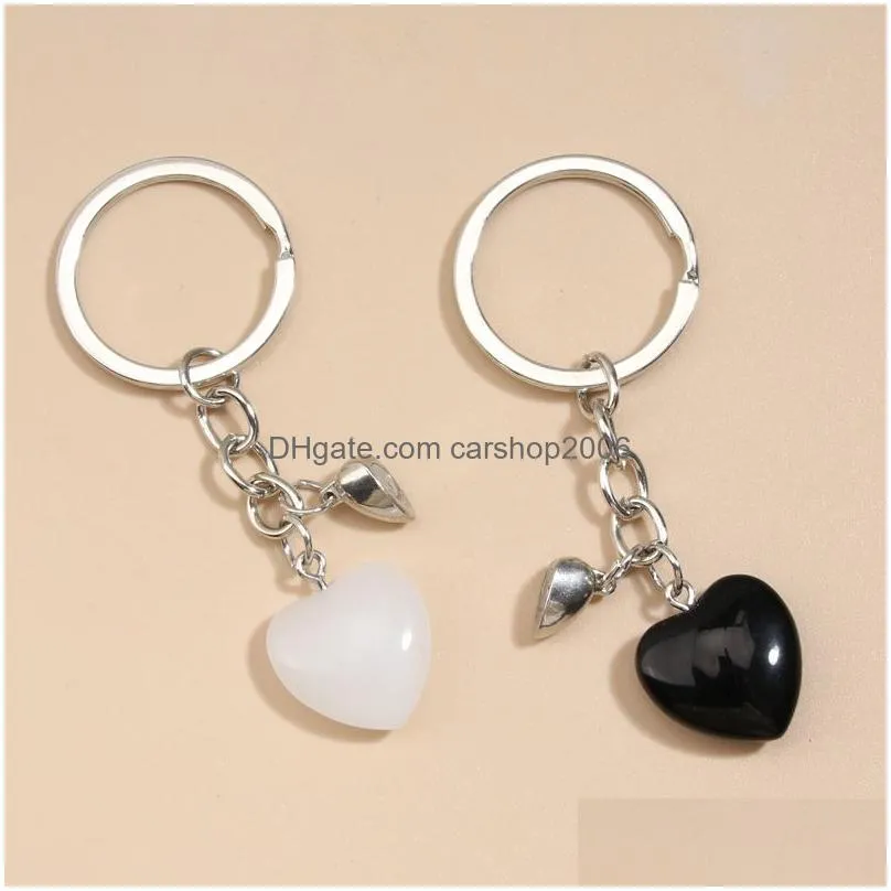  design keychain natural crystal quartz stone heart key ring magnetic button keyring key chains for couple friend gifts diy jewelry