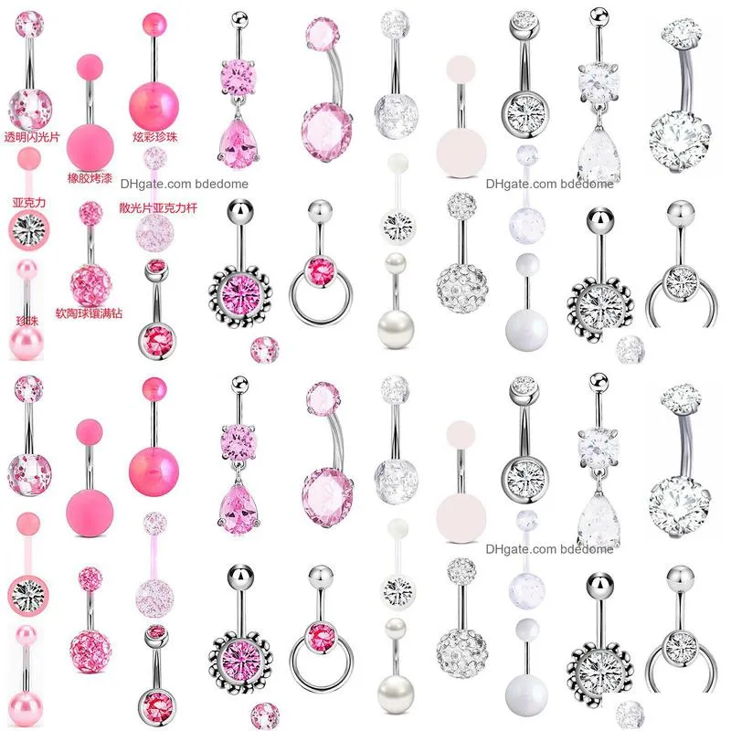 12pcs/set navel bell button rings piercing for women pink crystal ball bar surgical steel summer beach fashion body jewelry