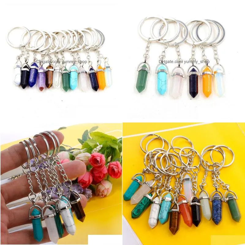 natural stone hexagonal prism keychain amethyst rose quartz tigers eye opal crystal key ring key chain keyring