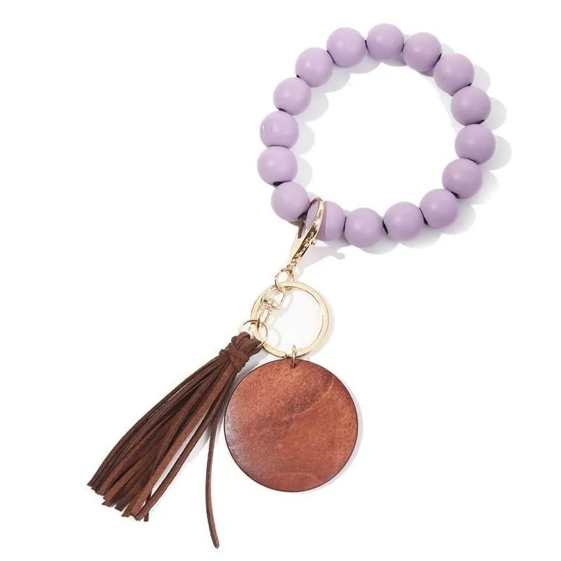 11 colors wooden bracelet keychain with tassels keys diy wood fiber pandent woodwooden bead bangle key decorate fashion