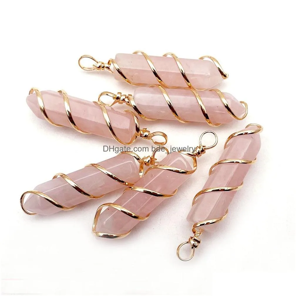 gold plated natural crystal necklace hexagonal pointed pendulum pendant rose stone quartz pink necklace for women