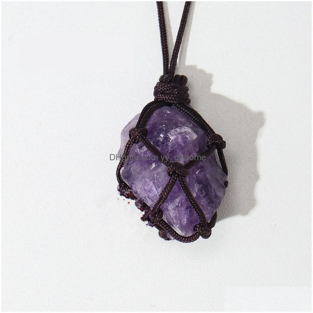 natural rough raw stone net bag necklaces rose quartz amethyst fluorite crystal pendant necklace for women men