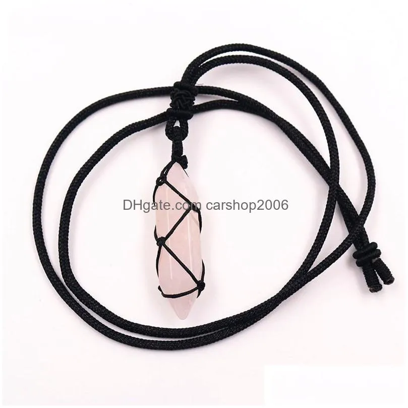 rope wrap natural stone necklace pink quartz aventurine amethysts point hexagonal crystal pendulum pendant necklaces for women