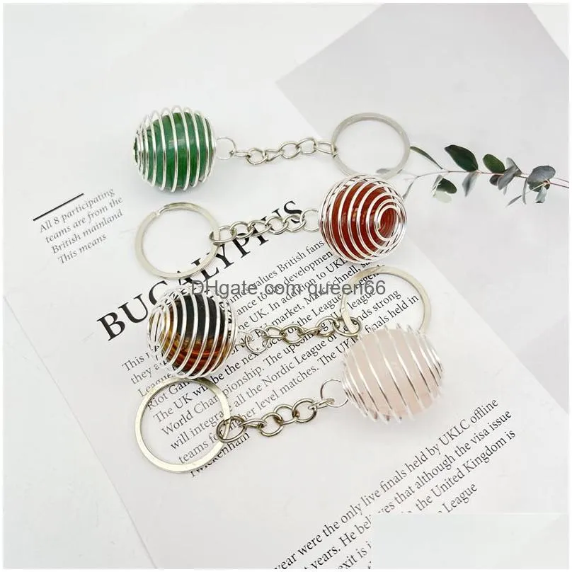 natural raw ore stone keychain key rings crystal quartz copper wire winding spring women men car holder keyring jewelry