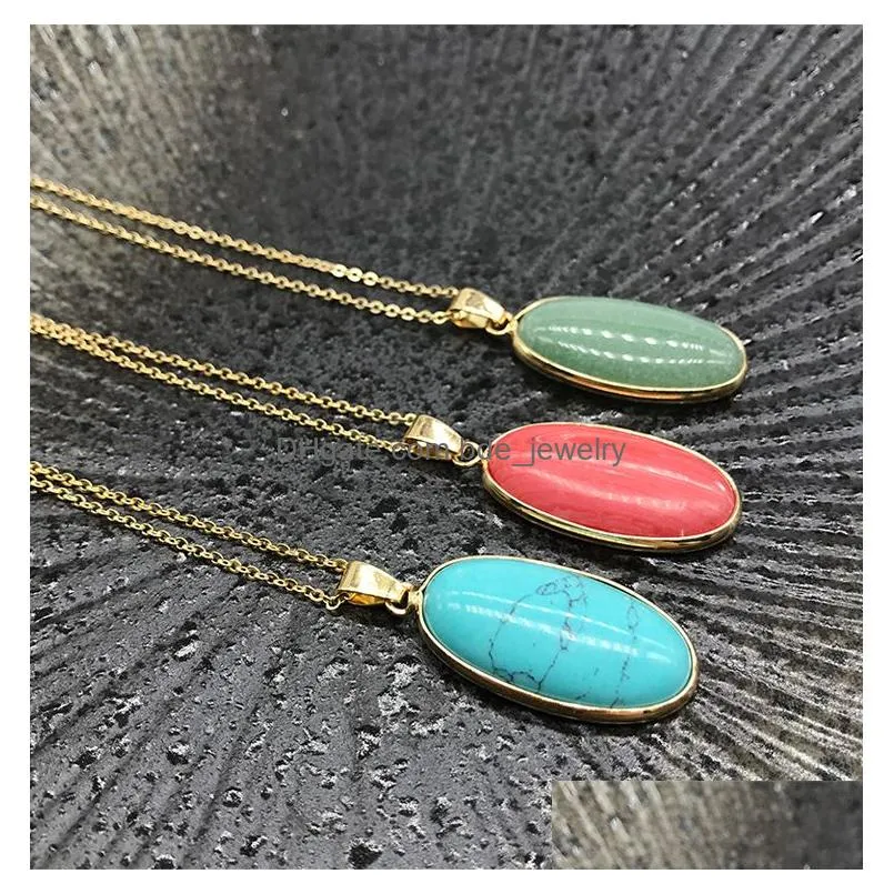 natural stone tiger eye stoneturquoise opal pink crystal oval pendant necklaces for women reiki heal crystal pendulum charms necklace