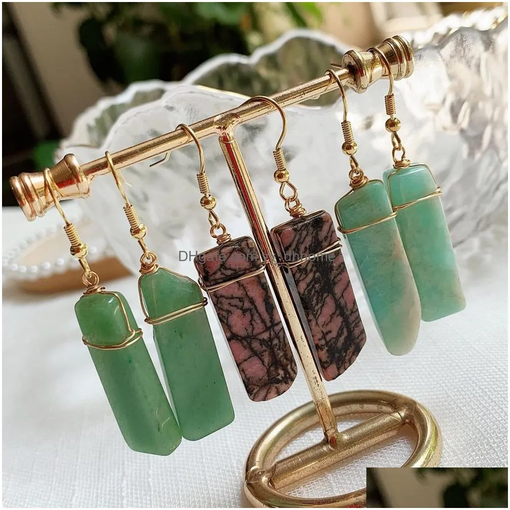 healing natural stone dangle earrings irregular rectangle long tassel pendulum amazonite lapis pink quartz purple crystal drop earring