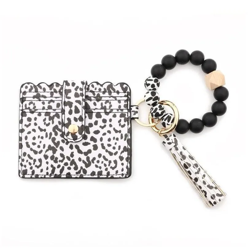 pu leather bracelet wallet keychain tassels bangle key ring holder card bag silicone beaded wristlet keychains handbag fy3399