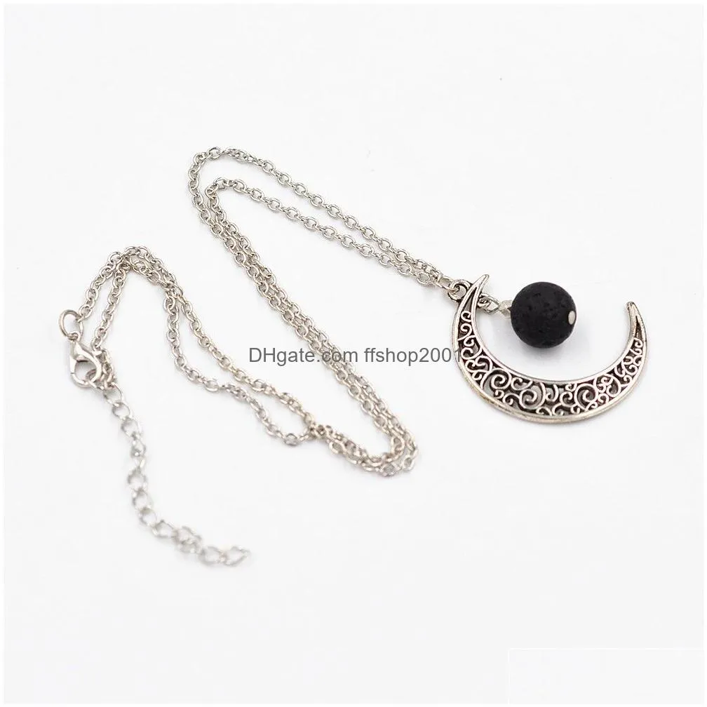 fashion 14mm lava stone moon necklace volcanic rock aromatherapy essential oil diffuser necklace for women jewelry