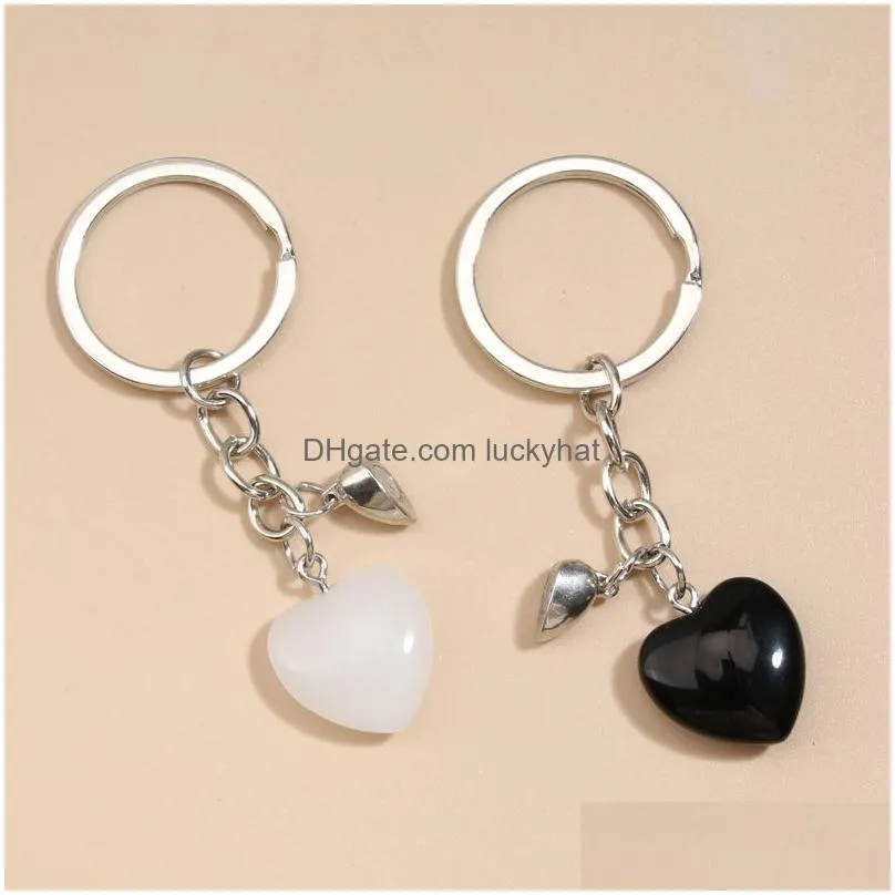 new design keychain natural crystal quartz stone heart key ring magnetic button key chains for couple friend gifts diy jewelry