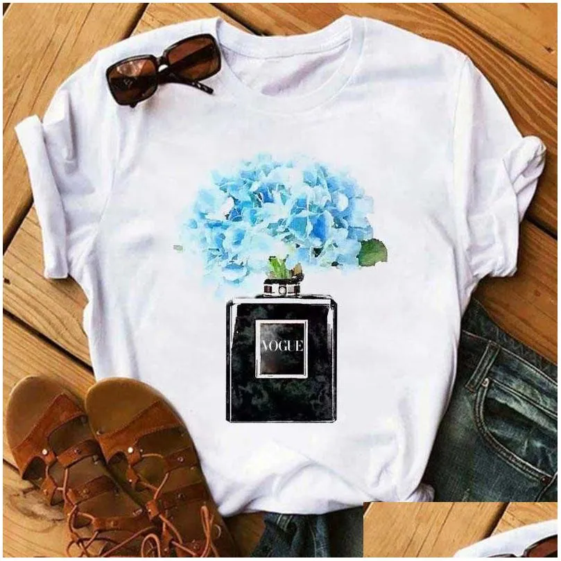 women clothes print flower perfume bottle sweet short sleeve tshirt printed women shirt t female t-shirt top casual woman tee x0527