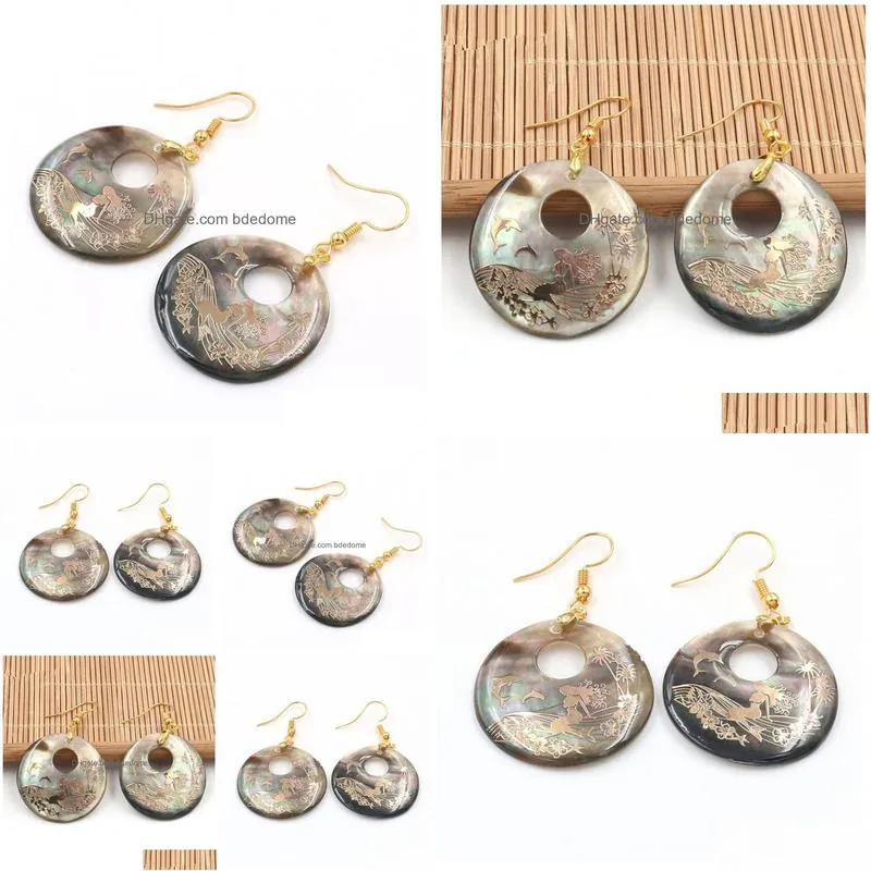 round printed mermaid charm hook earrings natural black shell with gold foil womens jewelry 5 pairs