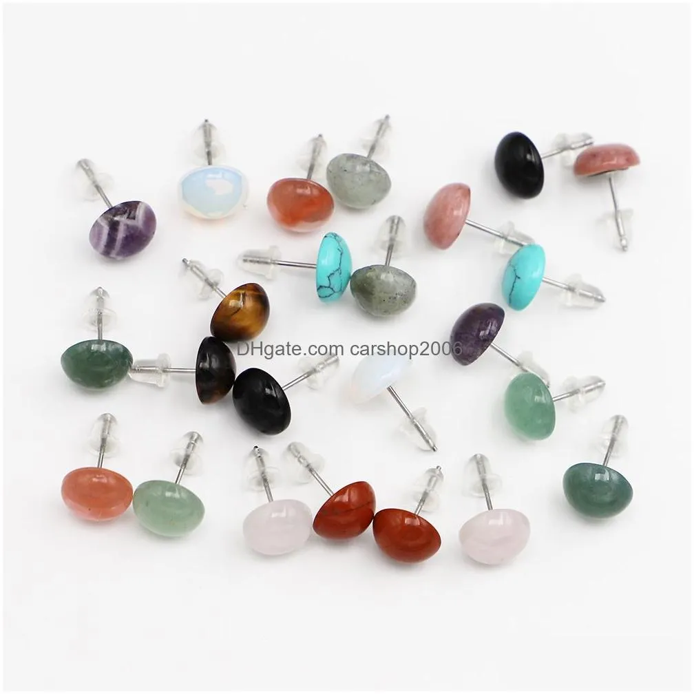 10mm natural stone stud earrings round beads stainless steel amethyst rose quartz turquoises charms earrings women ear jewelry
