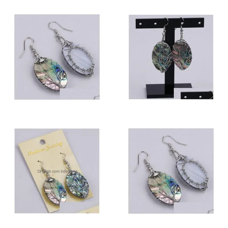 tree of life earring dangle silvery wire wrapped oval abalone paua shell organic cabochon 5 pairs