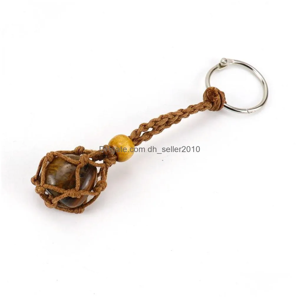 natural stone brown wax rope keychain keyring amethyst rose quartz crystal healing stone net bag key ring