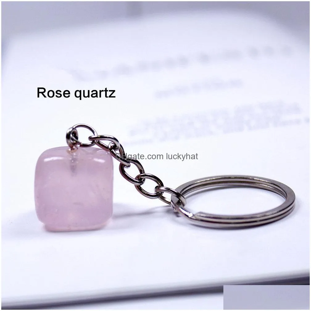 natural rough stone square key rings keychains healing pink crystal car decor keys keyholder for women men