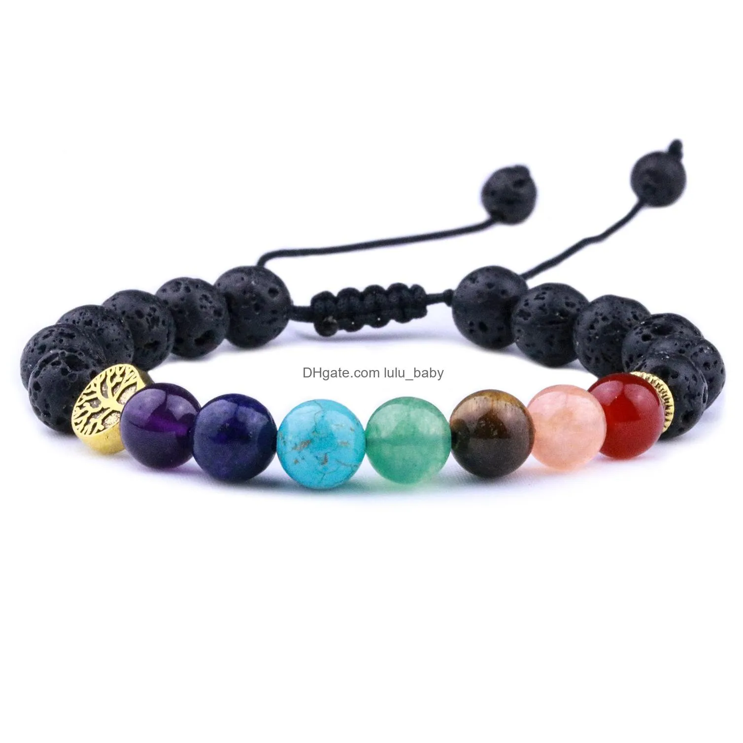 8mm natural stone 7 chakra black lava stone weave tree of life bracelets aromatherapy essential oil diffuser bracelet for women men