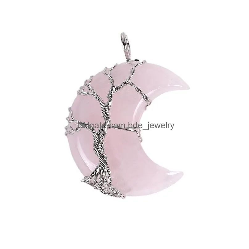 wire wrapped moon charms natural stone pink quartz healing crystal amethyst pendants for necklace making