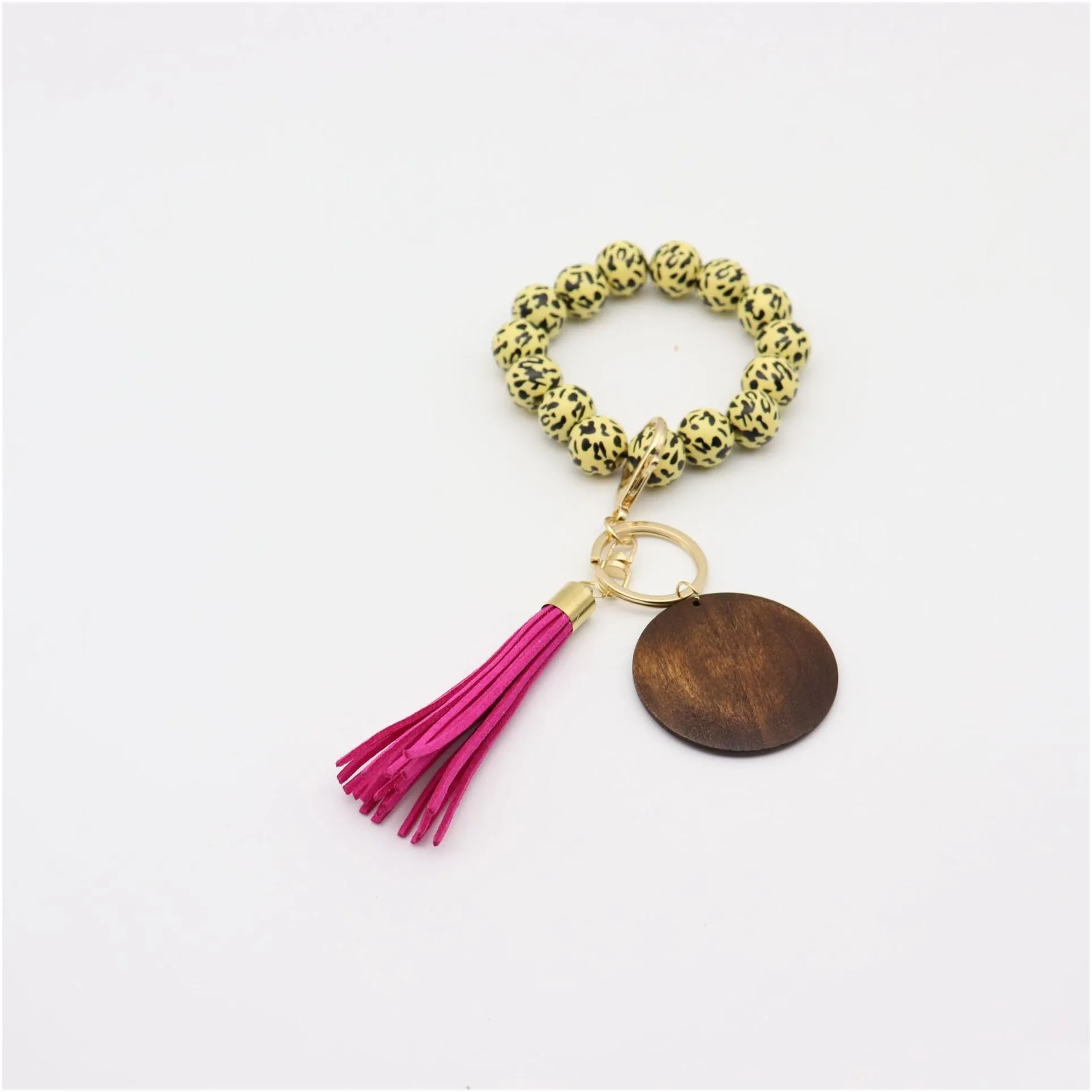 5 styles leopard wooden bracelet keychain with tassels diy woodwooden fiber pandent wood bead bangle key decorate fashion