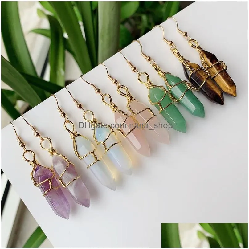 natural stone dangles earrings wire wrap hexagonal point bullet drop pendulum amethysts quartz purple healing crystal earring