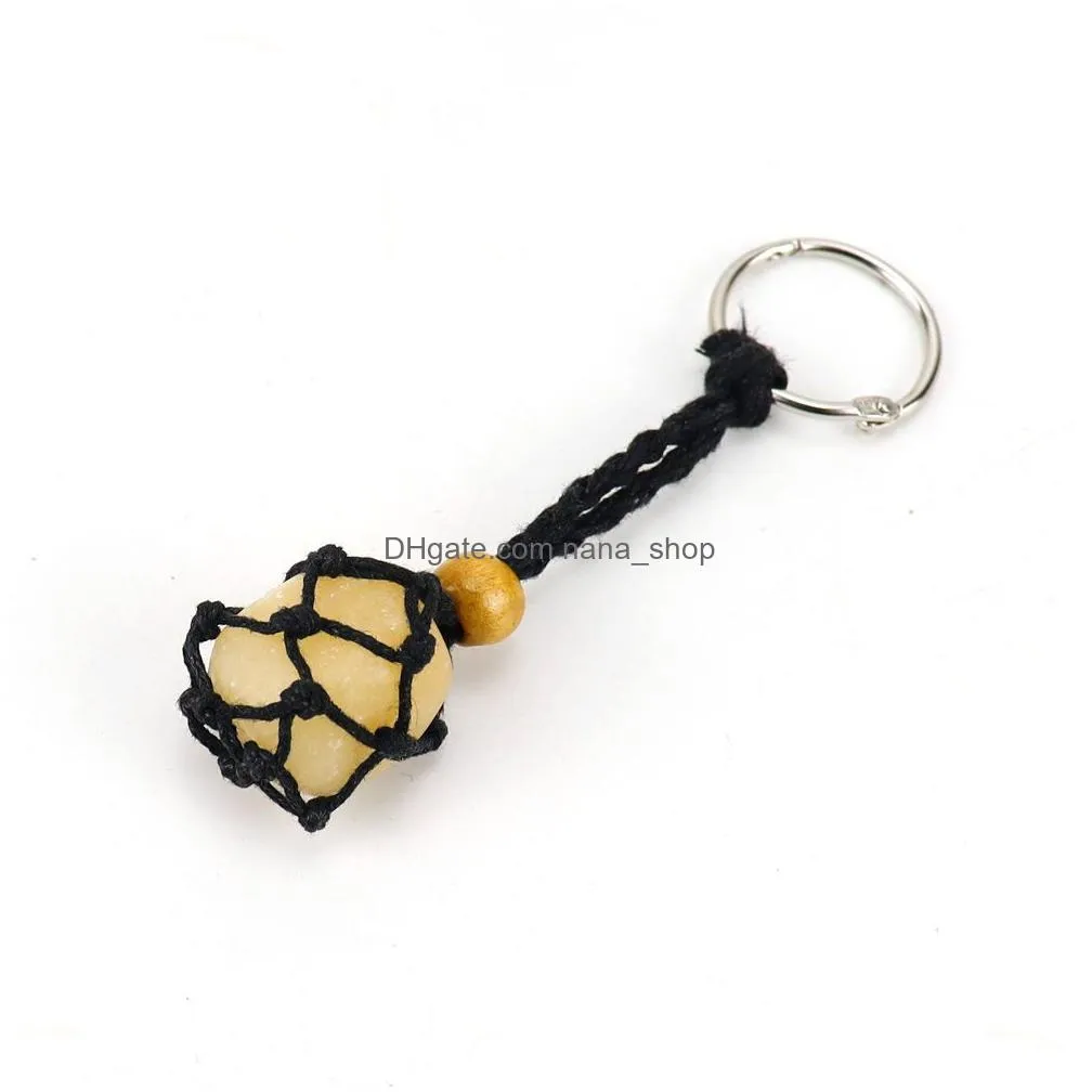 adjustable cord empty stone holder black wax rope keychain keyring natural quartz crystal healing stone net bag key ring