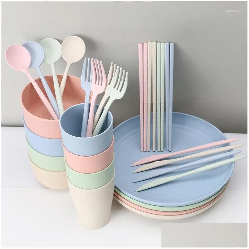 dinnerware sets 28pcs set tableware wheat straw nature material household tray anti-drop bowls cups plate forks spoons chopsticks kit