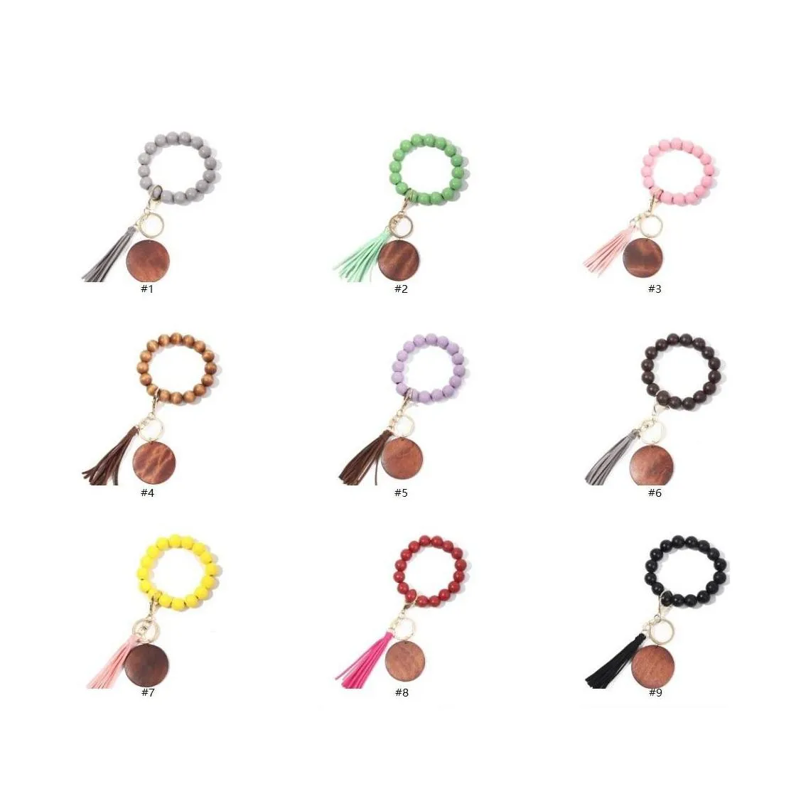 11 colors wooden bracelet keychain with tassels keys diy wood fiber pandent woodwooden bead bangle key decorate fashion