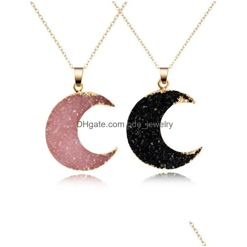 simple moon druzy drusy pendant necklace women resin handmade clavicel chains necklaces for female christmas imitation natural stone