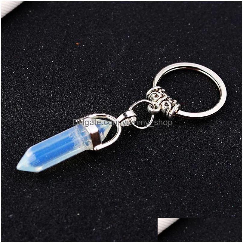 natural stone hexagonal prism key ring keychain rose quartz tigers eye opal crystal key chain keyring