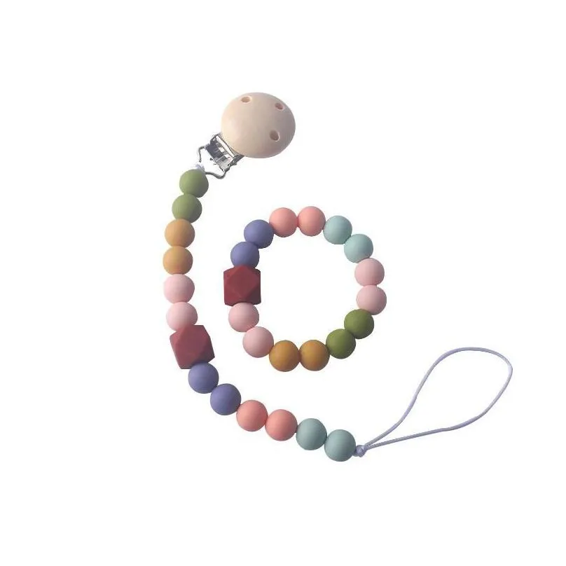 silicone teething beads baby pacifier chain clip 2pcs/set baby feeding infant cartoon bracelets