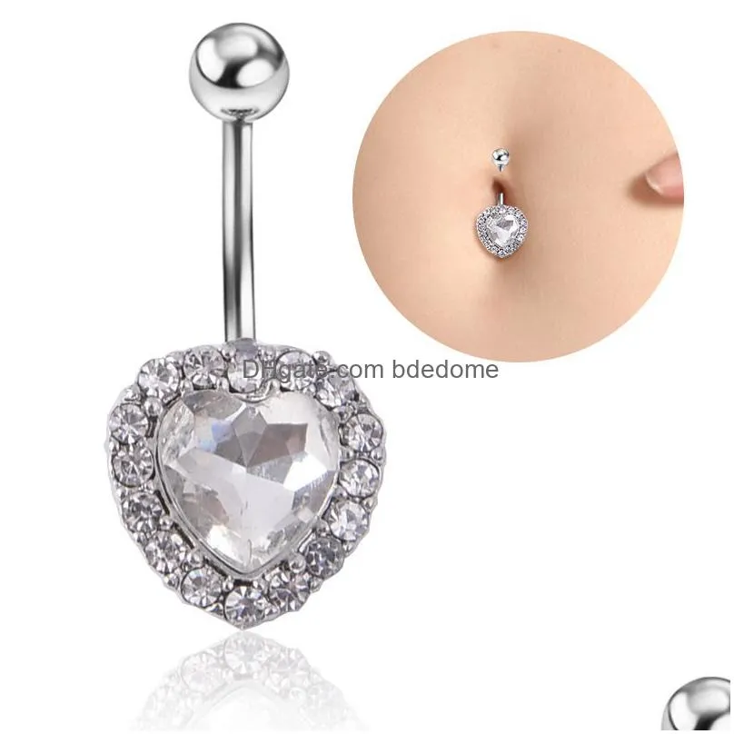 navel bell button rings piercing for women crystal love heart zircon surgical steel summer beach fashion body jewelry blue color