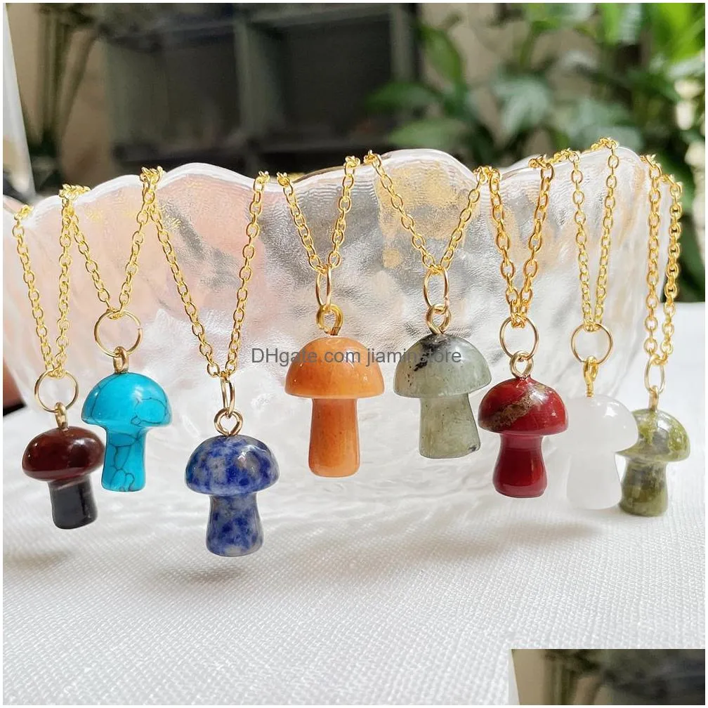 healing natural crystal pendant necklace lovely mushroom charm amethyst opal rose quartz necklace fashion women jewelry