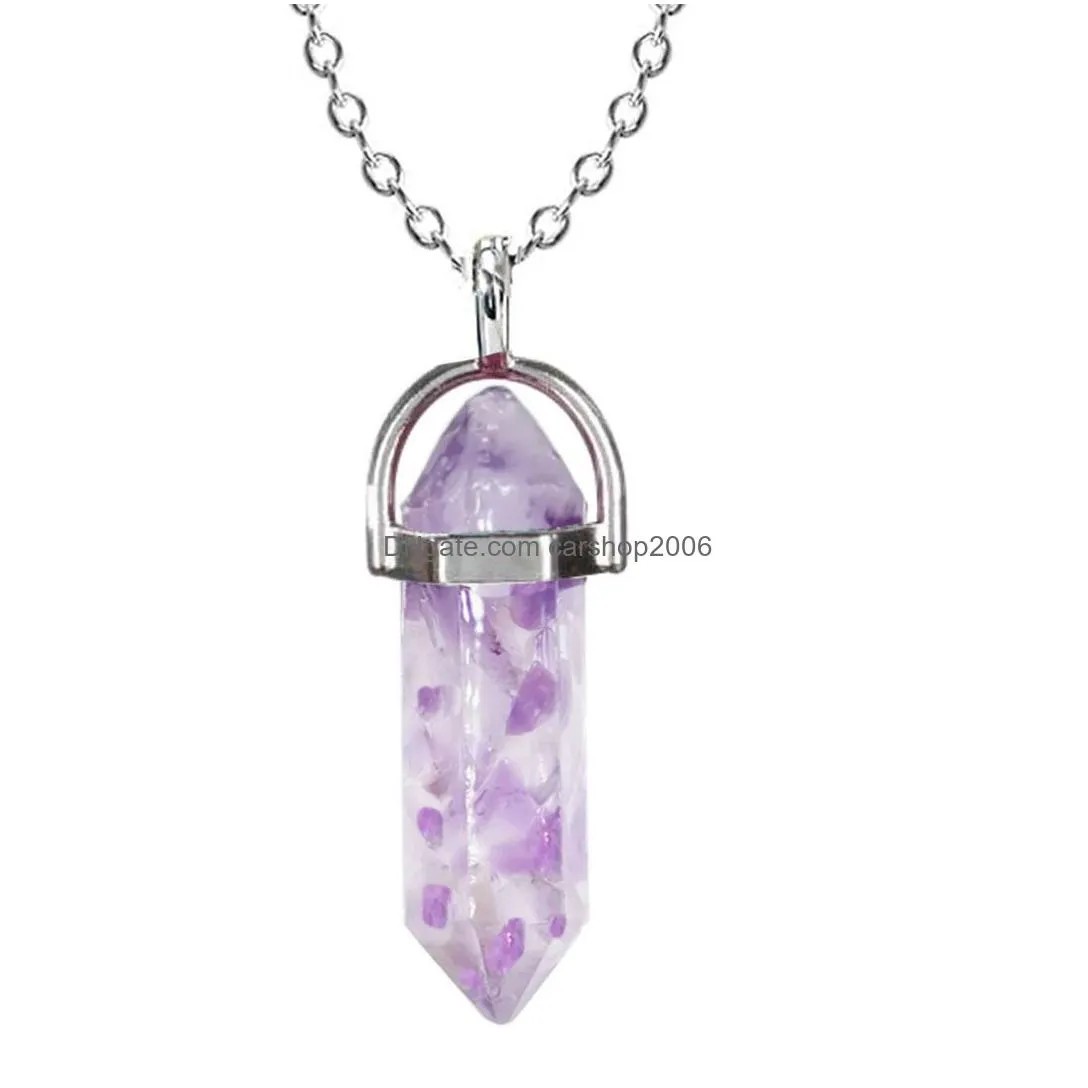 hexagonal crystal opal pink purple quartz turquoise natural stone pendant chakra necklace for women jewelry