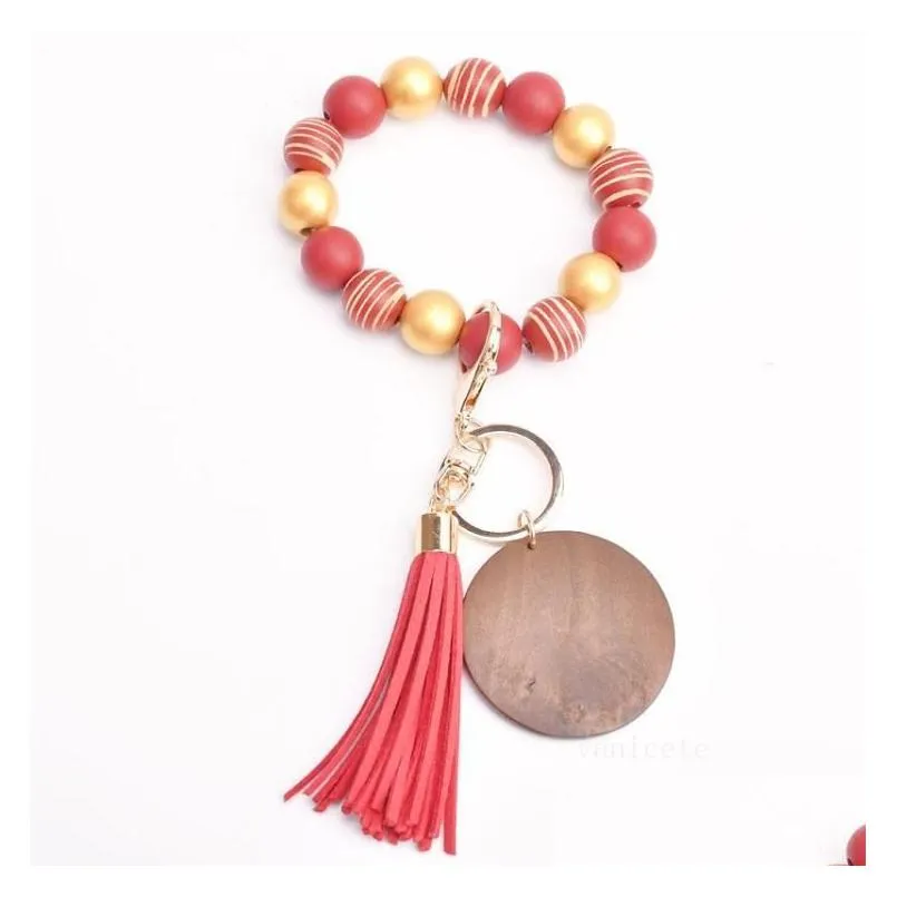 bracelet keychain wood beaded tassels keychain party favor personalized disc oranament souvenir wristlet key ring women wrist wht0228